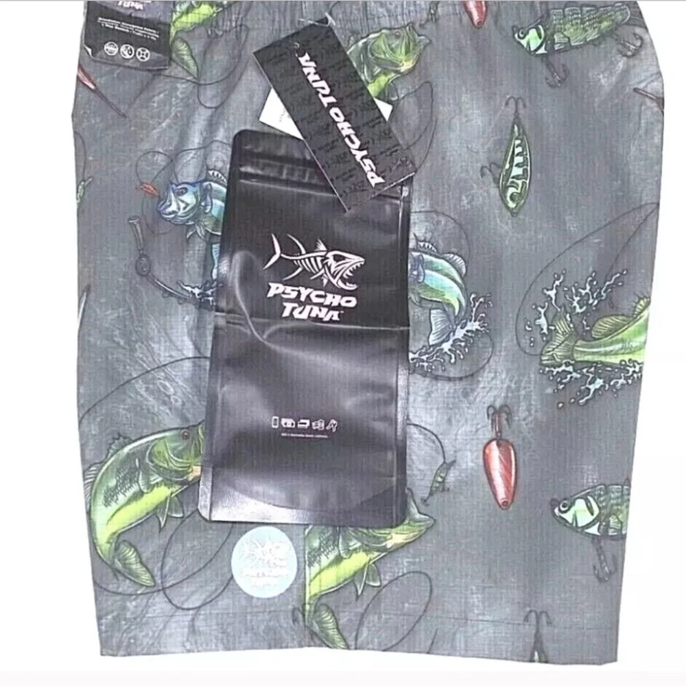 NWT Psycho Tuna Medium Reel Em In Fish Charcoal Print Board Shorts Swim Trunks‎